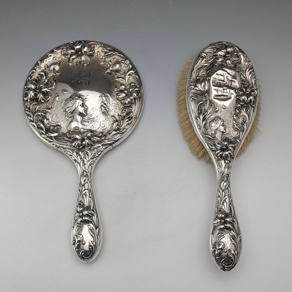 1900年頃 米国アンティーク 純銀アール・ヌーヴォー装飾 ヘアブラシ&ハンドミラー Foster&Bailey